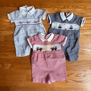 Set of Three Beautiful Baby Rompers with Embroidered Designs and Smocking